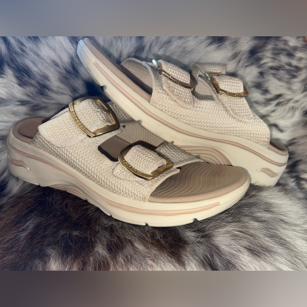 Skechers Cream Sandals with Gold Accents